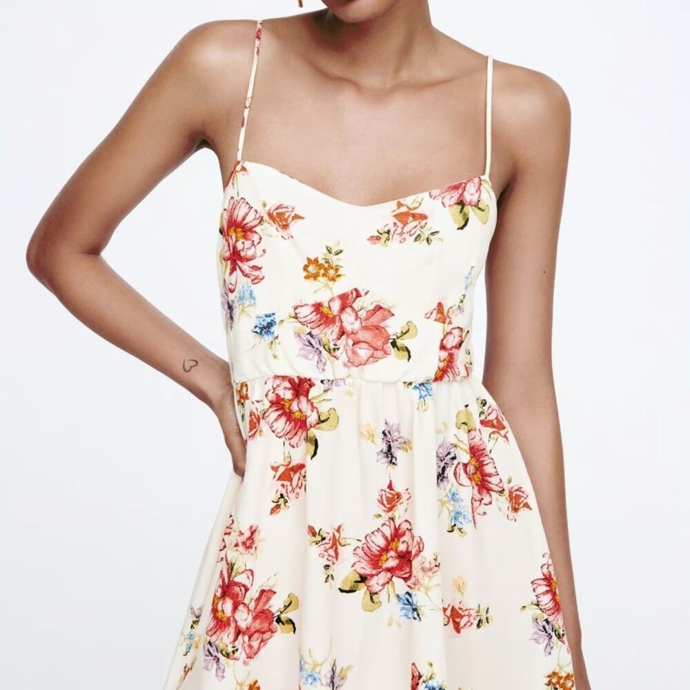 Zara Corset Style Cream Floral Cottagecore Camisole Mini Sun Dress Size Medium - Picture 5 of 13
